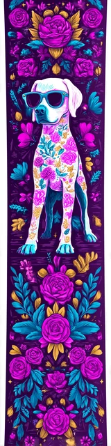 Free purple bookmark featuring a dog with sunglasses and floral accents